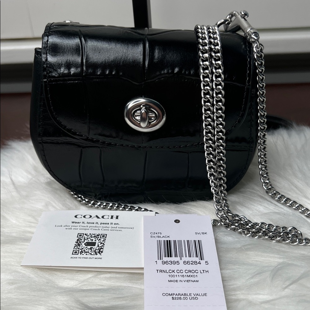 Coach Black Croc Embossed Turnlock Card Case Mini With Chain Bag Retail $228 NWT
